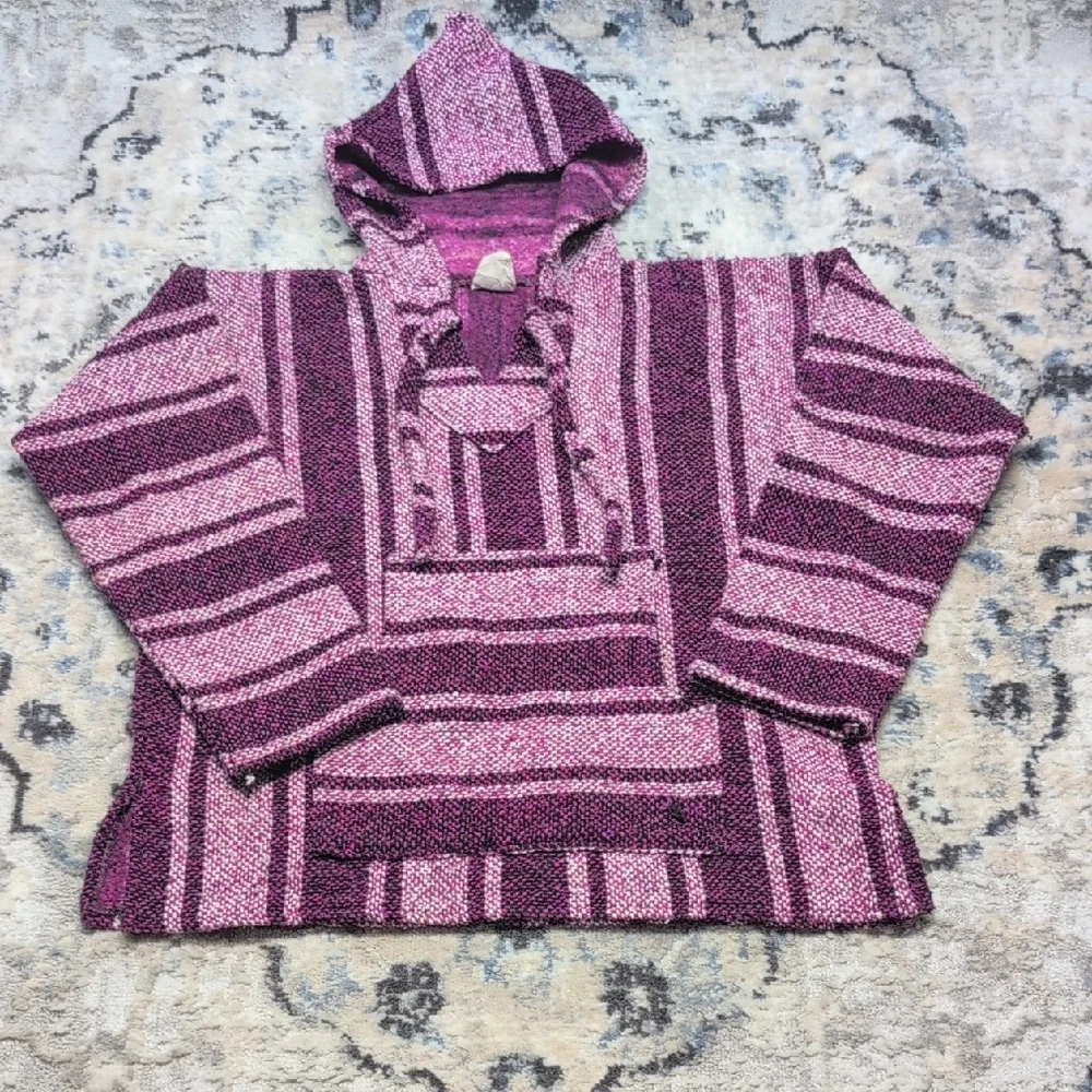 Salttex Baja Hoodie M Purple Pink Striped Mexican Drug Rug Poncho - Picture 1 of 7